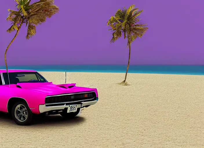 Image similar to hyperrealism, detailed textures, photorealistic 3 d render, a dreamy beach in cuba, a 1 9 7 0 hemi charger with plum crazy purple colour scheme, mickey thompson tires, centrerline rims, sharp focus, ultra realistic, ultra high pixel detail, cinematic, intricate, cinematic light, concept art, illustration, art station, unreal engine 8 k