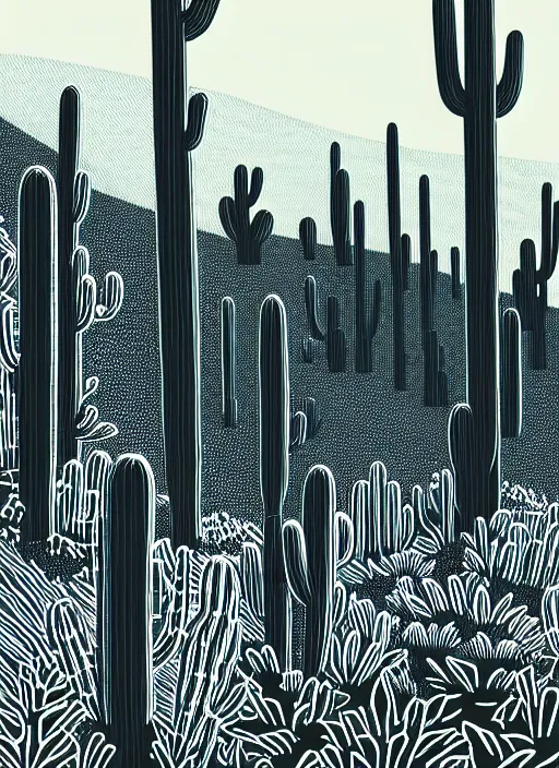 Prompt: art by allie webb, high plains, black ink linocut print of the cactus forest, high hills, 8 k, frostbite 3 engine, cryengine, ground level shot, dof, trending on artstation, digital art, crepuscular ray