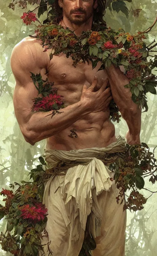 Image similar to god of the forest, 3 0 years old, rugged, male, gorgeous, detailed face, amazing, thighs!!!!!!, flowers, muscular, intricate, highly detailed, digital painting, artstation, concept art, sharp focus, illustration, art by greg rutkowski and alphonse mucha