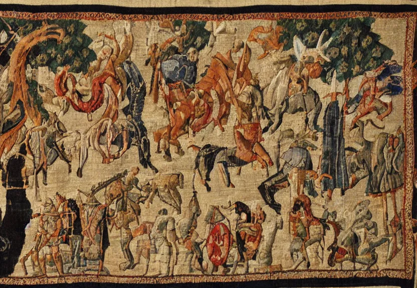 Prompt: a medieval tapestry of a tarnished fighting the elden beast from elden ring