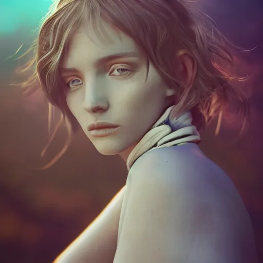 Image similar to portrait art of female angel by alessio albi 8 k ultra realistic, lens flare, atmosphere, glow, detailed, intricate, full of colour, cinematic lighting, trending on artstation, 4 k, hyperrealistic, focused, extreme details, unreal engine 5, cinematic, masterpiece