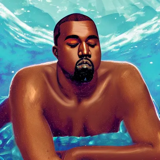 Image similar to Kanye West as a mermaid, looking in awe at delicious fish sticks, dynamic lighting, concept art, beautiful 4k