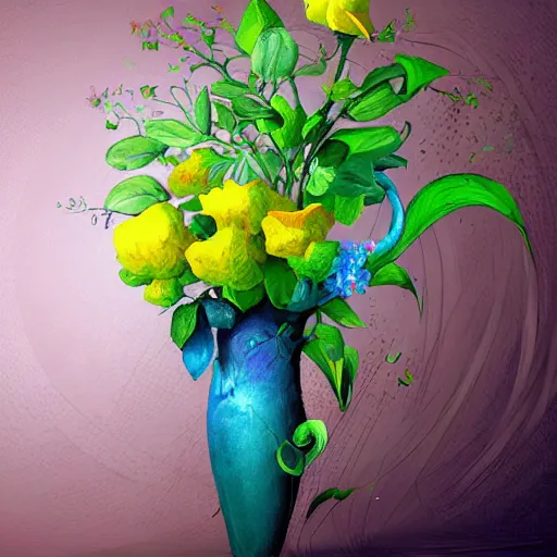 Prompt: a digital painting of a flower in a vase, a surrealist painting by jin gyoung cha, featured on cg society, fantasy art, 2 d game art, rendered in maya, storybook illustration