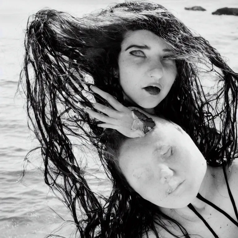 Image similar to portrait of an ancient vampire queen enjoying a day at the beach, 35mm photography