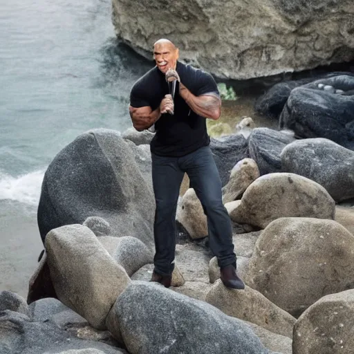 Prompt: dwayne johnson singing in a rock concert and standing on a rock