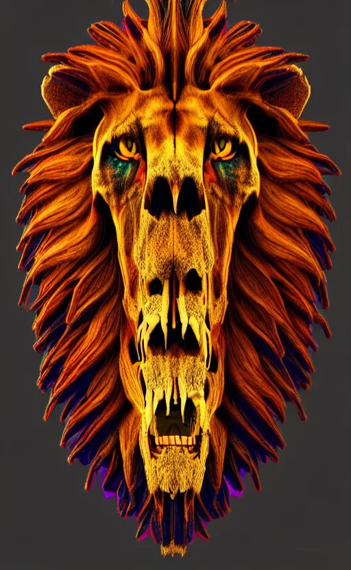 Image similar to highly detailed photo of psychedelic lion skull in the style of Greg Rutswoski, concept art, 8K detail post-processing