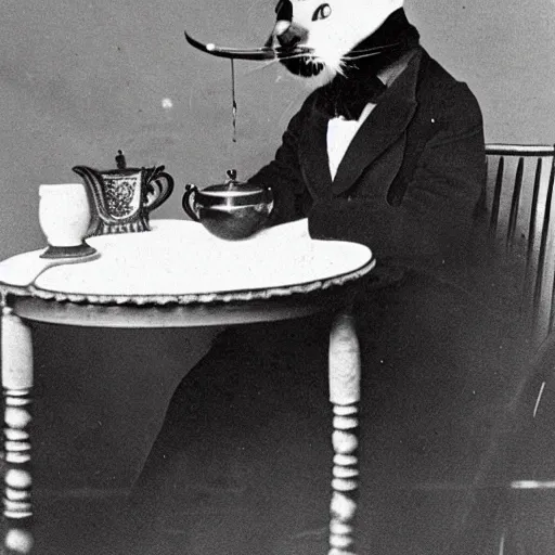 Prompt: a classy cat with a top hat, he's sitting at an antique table and drinking his tea, 1 8 9 0 vintage photo