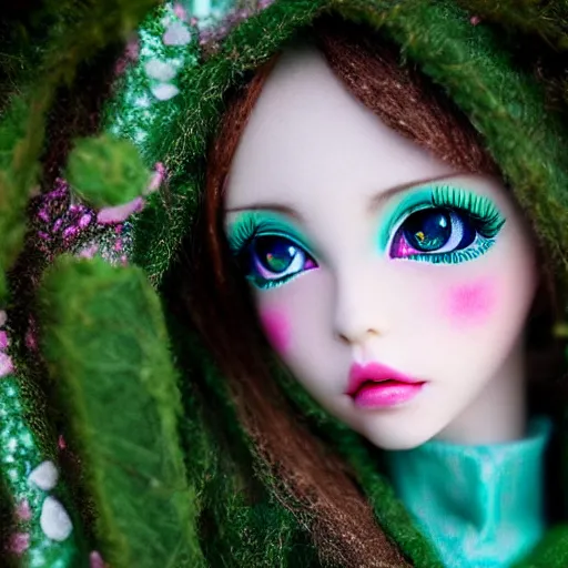 Image similar to hyper kawaii anime elf doll, druid theme, somber portraits, pursed lips, green eyes, bokeh background