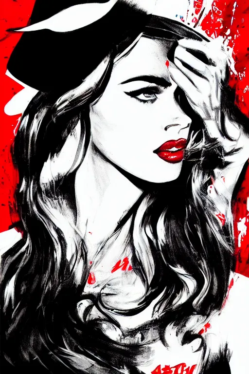 Prompt: dream of a film still from sin city, closeup portrait of film noir angry megan fox private detective wearing a hat, detailed illustration, digital art, trending on artstation, frank miller, martin ansin, action movie poster, red on black, graffiti, gta v,