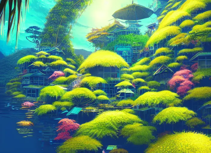 Prompt: lush foliage japanese favela, underwater environment, borealis, scenery, professional, award - winning, trending on artstation, hyper detailed, realistic, beautiful, emotional, shiny, golden, picture