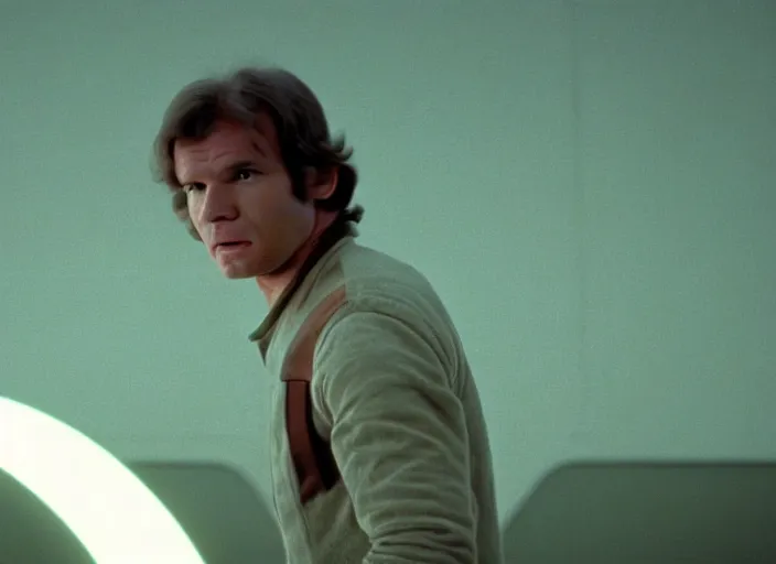 Image similar to screenshot of portrait Han Solo standing in an surreal light green 70s round minimalist architecture, iconic scene from 1970s film by Stanley Kubrick, the lost Star Wars Film, moody hazy lighting, stunning cinematography, hyper-detailed, crisp, anamorphic lenses, kodak color film stock, 4k, very detailed, hyper real render