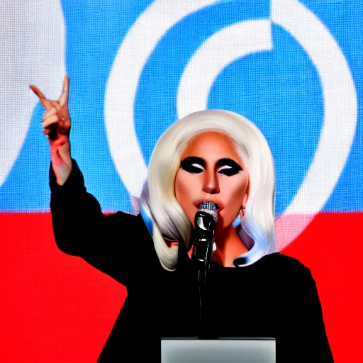 Image similar to Lady Gaga as president, Argentina presidential rally, Argentine flags behind, bokeh, giving a speech, detailed face, Argentina