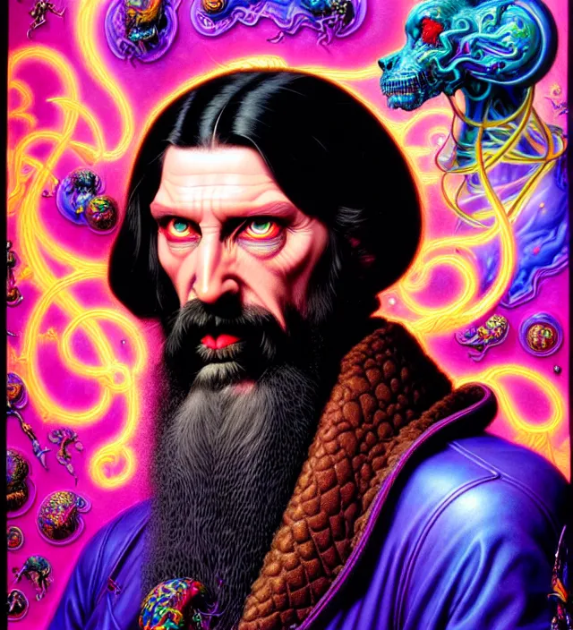 Prompt: lisa frank pattern fantasy character portrait of rasputin, ultra realistic, wide angle, intricate details, blade runner artifacts, highly detailed by peter mohrbacher, wayne barlowe, boris vallejo, hajime sorayama aaron horkey, gaston bussiere, craig mullins