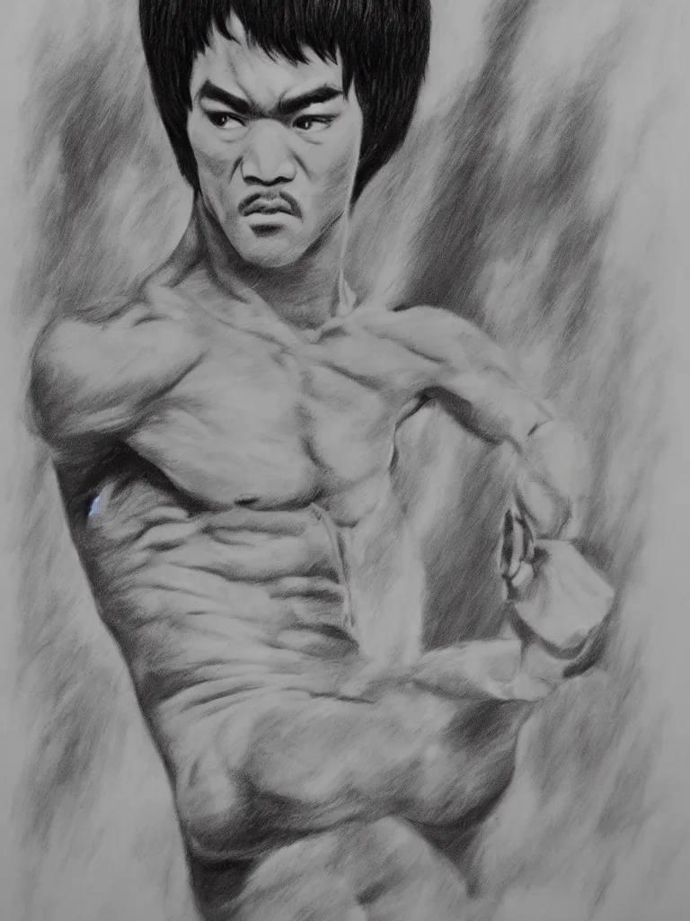 Image similar to A photorealistic portrait of a BRUCE LEE, sketched, ancient background