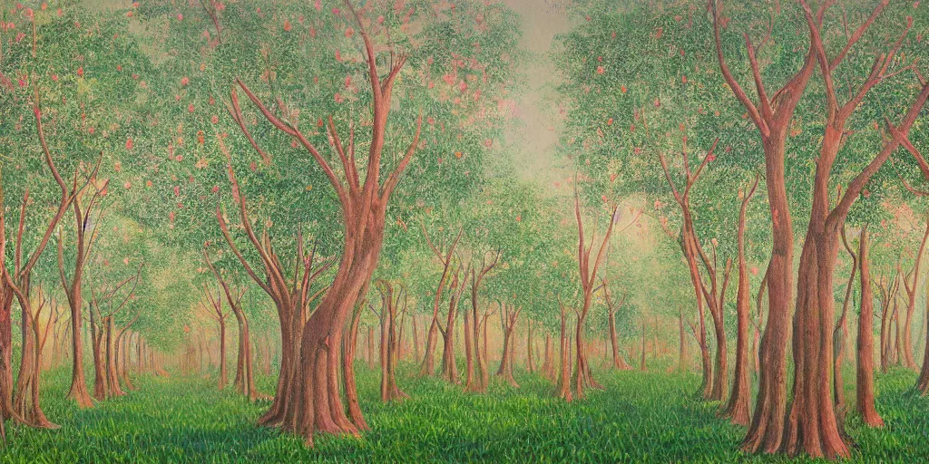 Prompt: a beautifully detailed painting of an inexplicably magical grove of supernaturally tall apple trees that stretch and twine upwards forming a vast colonnade of trunks that stretch out in rows far into the distance, rolling valley of lush green grass, transluscent leaves cresting canopy set alight with a fragile evening sunlight that refracts off a sea of apples brushed pink and red with exposure, by Darek Zabrocki, Marcin Rubinkowski, Lorenzo Lanfranconi, Oleg Zherebin, Karlkka, trending on Artstation, deviantart, 8K