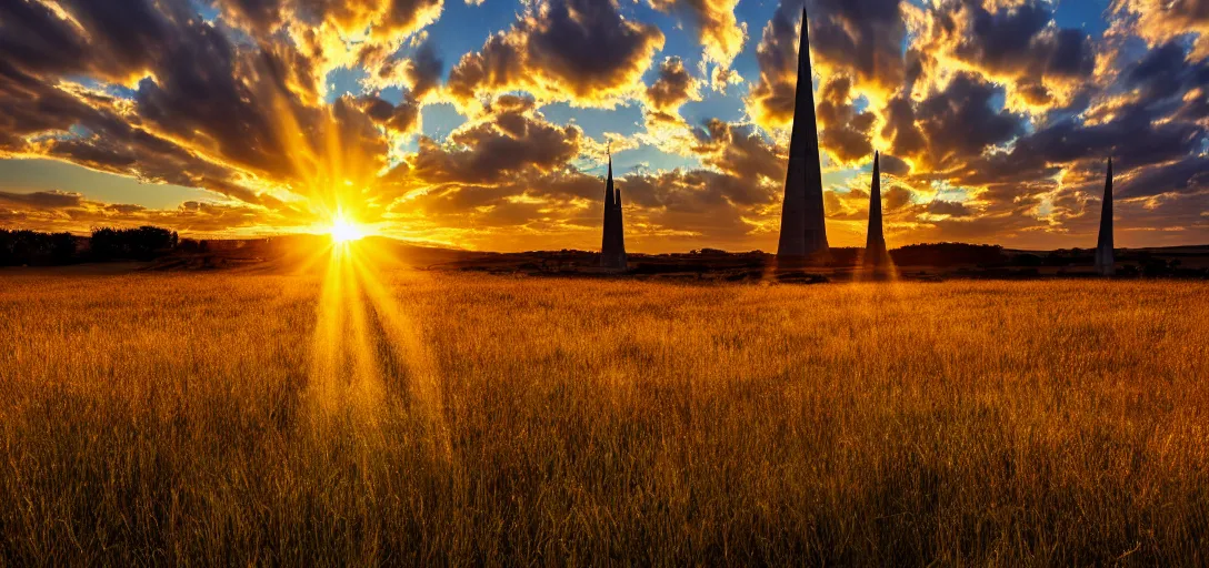 Prompt: a beautiful landscape at sunset with lines of love hearts dancing towards a central spire, nikon d 8 5 0, golden hour, god rays, cinematic lighting