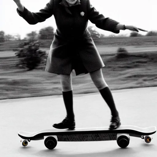 Image similar to queen elizabeth riding a skateboard