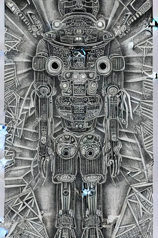 Image similar to a black and white drawing of futuristic ancient japanese temple mech, bioluminescence, a detailed mixed media collage by eduardo paolozzi and ernst haeckel, intricate linework, sketchbook psychedelic doodle comic drawing, geometric, deconstructivism, matte drawing, academic art, constructivism