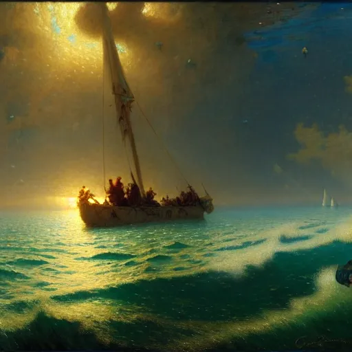 Image similar to point of view of deep in the ocean looking up, you see fishes, higher the milk way, night time, midnight. highly detailed painting by gaston bussiere, greg rutkowski 8 k