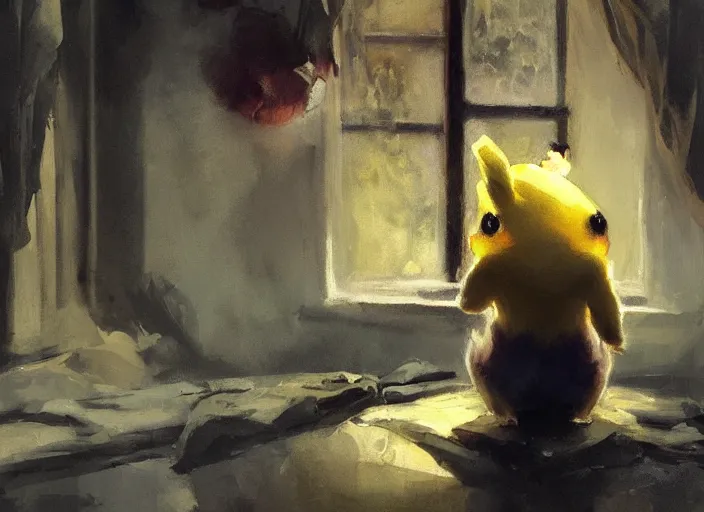 Image similar to oil painting of beautiful pikachu contemplating, art by anders zorn, wonderful masterpiece by greg rutkowski, beautiful cinematic light, american romanticism by greg manchess, creation by tyler edlin