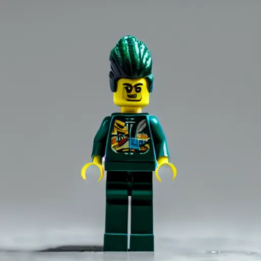 Prompt: lego sculpture of a woman astronaut with green streaks in her hair, thoughtful, elegant, real