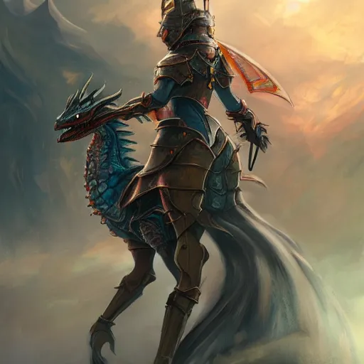 Image similar to breathtaking detailed concept art painting of young girl in armor standing on the back of a dragon, orthodox saint ornate background, by hsiao - ron cheng, very bright lights, 8 k