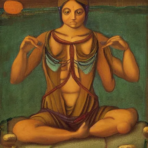 Image similar to a painting of a raccoon doing yoga in renaissance art style