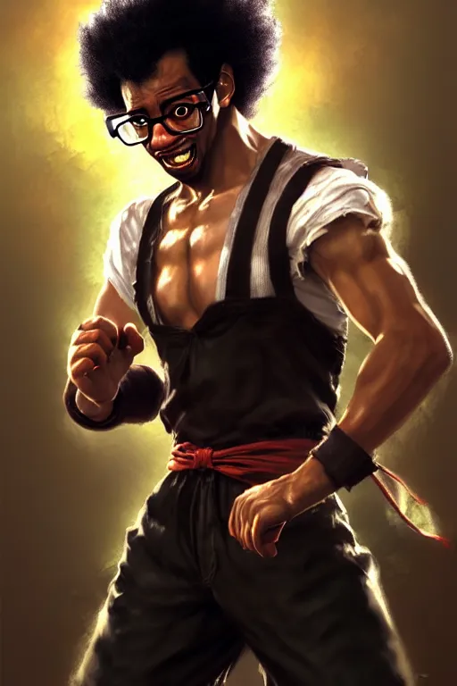 Prompt: Tekken 4 fighter anime Stunning Portrait Urkel fighting with suspenders by Greg Rutkowski, short black fro hair, nerdy glasses, nerdy face, in a fighting stance, A man attacks super speed, digital painting, artstation, concept art, soft light, hdri, smooth, sharp focus, illustration, art by tian zi, craig mullins, Mark Arian, WLOP, alphonse mucha