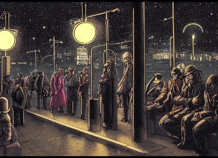 Image similar to some people waiting at bus stop in dark city night, detailed, high quality, by Moebius, sci-fi, reimagined by industrial light and magic