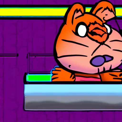 Image similar to neon white video game, garfield as mikey from neon white, screenshot