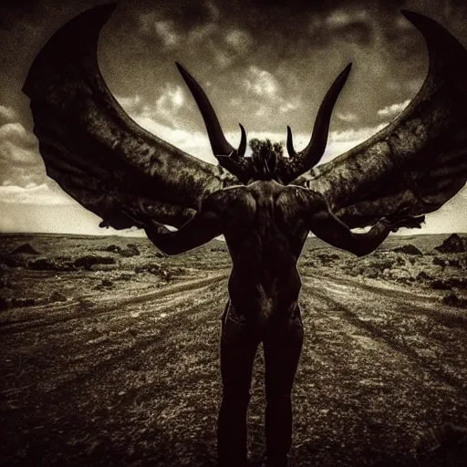 Image similar to Photo taken in the 2000's of a demon with four horns and four wings, photorealistic, film still, desolate, terrifying, weird, strange, odd, uncanny, hyper realism, highly detailed, photorealism, smooth gradients, high contrast, photorealistic