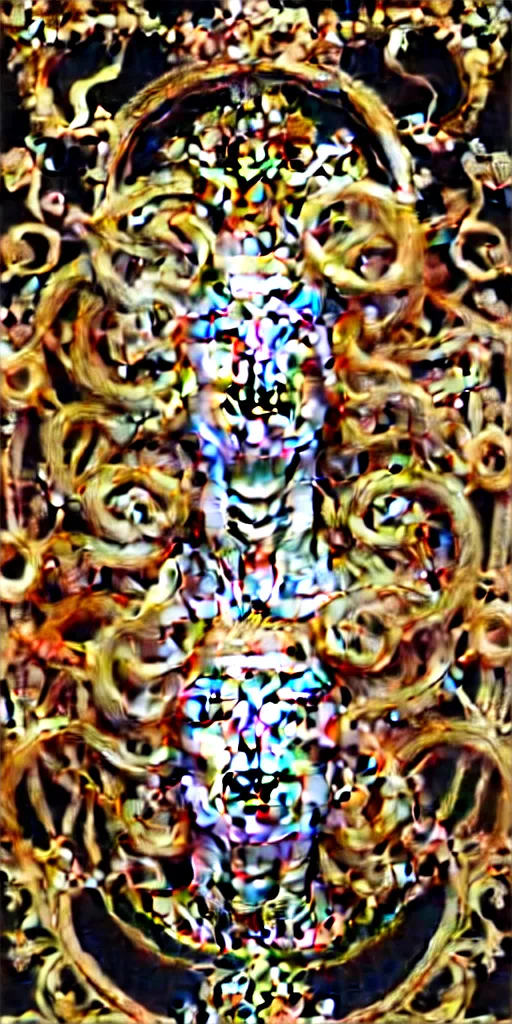 Image similar to the source of future growth dramatic, elaborate emotive Golden Baroque and Rococo styles to emphasise beauty as a transcendental, seamless pattern, symmetrical, large motifs,versace medusa logo in centre, bvlgari jewelry, rainbow syrup splashing and flowing, Palace of Versailles, 8k image, supersharp, spirals and swirls in rococo style, medallions, iridescent black and rainbow colors with gold accents, perfect symmetry, High Definition, photorealistic, masterpiece, 3D, no blur, sharp focus, photorealistic, insanely detailed and intricate, cinematic lighting, Octane render, epic scene, 8K