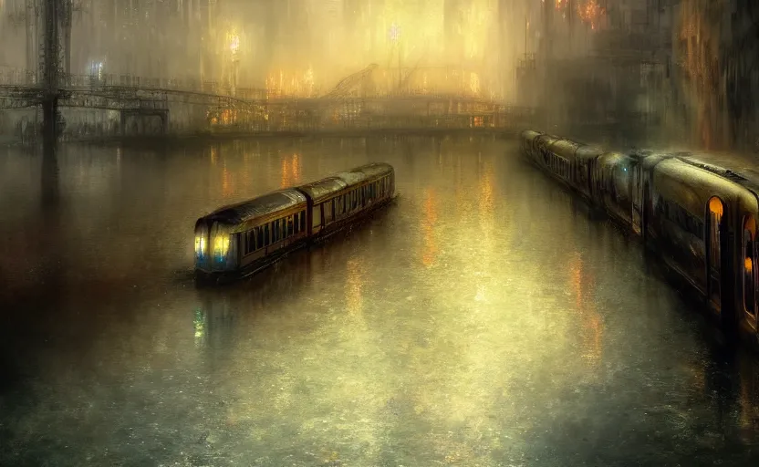 Image similar to an urban train rides inside of a waterway on a fantasy city. by artstation trending, by joseph mallord william turner, luis royo, konstantin razumov, cinematic lighting, fractal flame, highly detailed