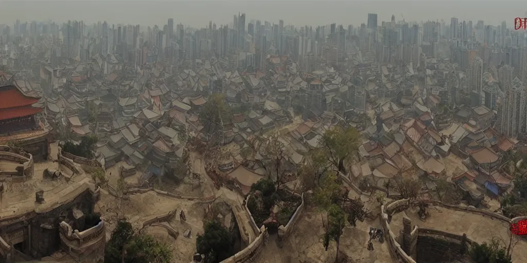 Image similar to overlooking the ancient chinese chang'an city, bauhinia city, movie scenes, epic composition, very detailed