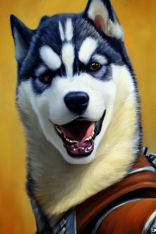 Image similar to a portrait painting of a husky in cowboy costume in the style of anime, character design, a fistful of dollars, per un pugno di dollari, treniding on artstation