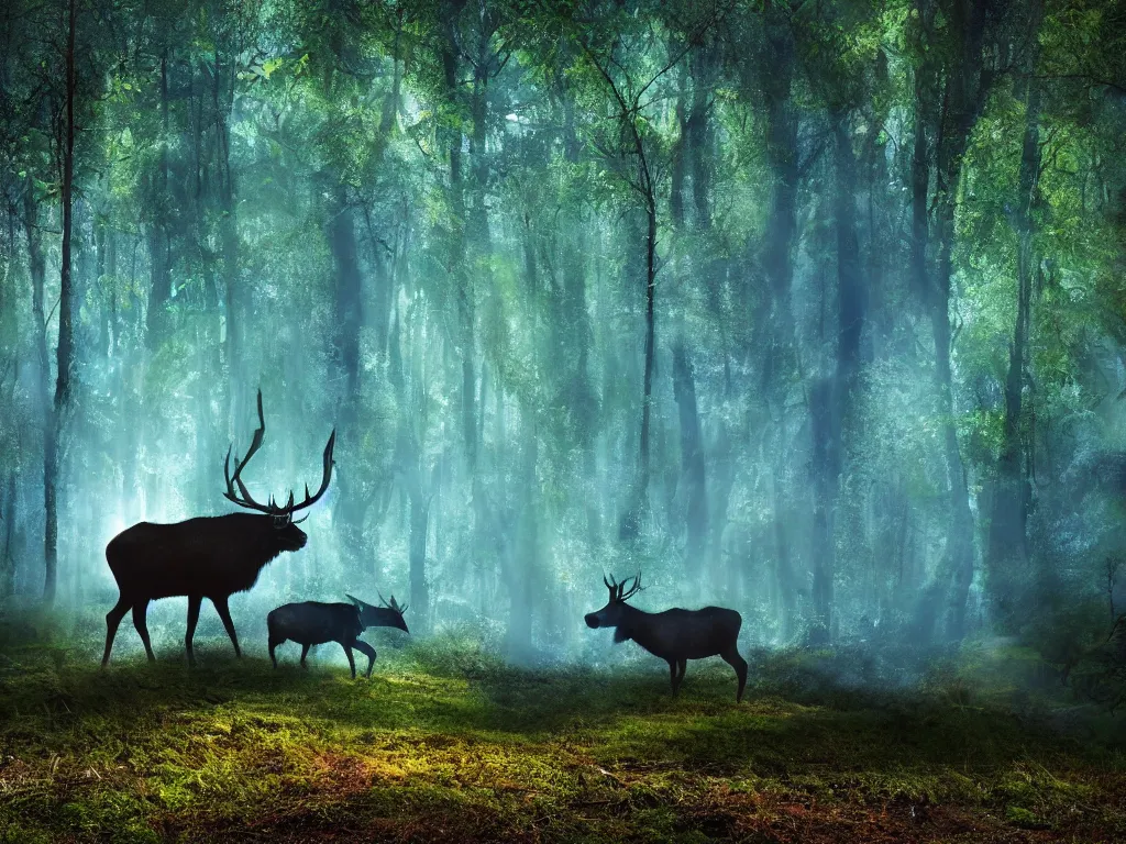 Image similar to a fantasy beautiful dense biorelevant rainforest setting, ultrawide angle, a large blue glowing elk herd with light illuminating from within, cinematic lighting, extremely emotional, extremely dramatic, surround it with pixie dust ether floating in the air, hdr, epic scale, cmyk, deep spectrum color