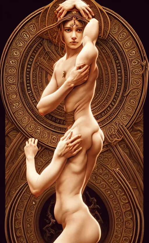 Prompt: symmetry!!!! intensely intricate fanart of full frontal pose of a sensual young goddess of war, protagonist, against an alluring young goddess of the prosperity, antagonist, intricate, elegant, highly detailed, my rendition, digital painting, artstation, concept art, smooth, sharp focus, illustration, art by artgerm and greg rutkowski and alphonse mucha