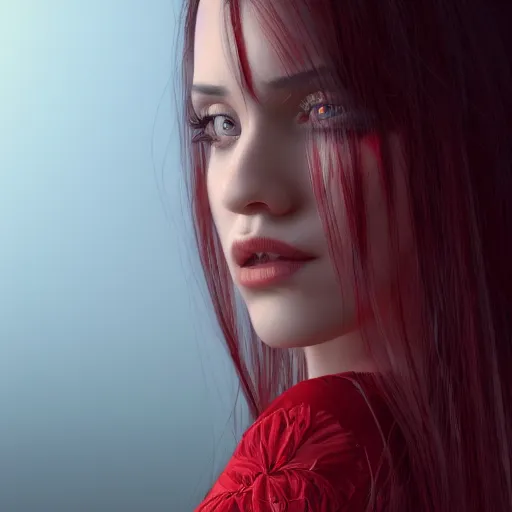 Prompt: portrait of a woman with long black hair and red eyes, wearing a red dress, 8k, close up shot, detailed face, beautiful, octane render, dark lighting, artstation, artgerm, rutkowski, high quality, depth of field, dark colors,