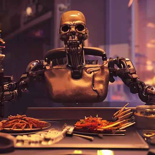 Prompt: A terminator with borg implants sitting in a cyberpunk cafe and eating skewer kebabs made of electronic components. Unreal 5 nanite, path tracing render, global illumination. Highly detailed 8k. Bloom, cinematic post-processing