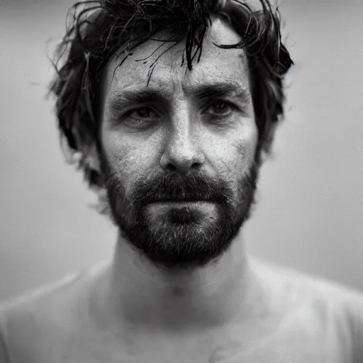 Image similar to A 4x5 portrait of a man, who is dishevelled and beaten down, a million-mile stare, bokeh, depth of field, pastel colours overlap, grainy, rule of thirds