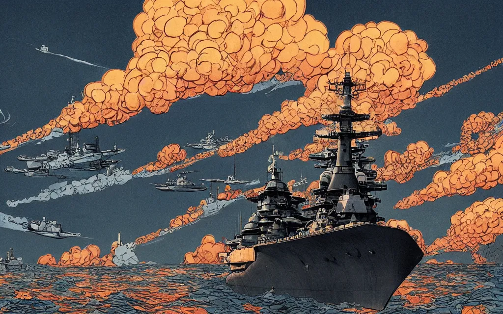 Image similar to japanese battleship yamato in front of huge mushroom cloud, in the style of james jean and laurie greasley, dynamic composition, dramatic lighting, ultra detailed