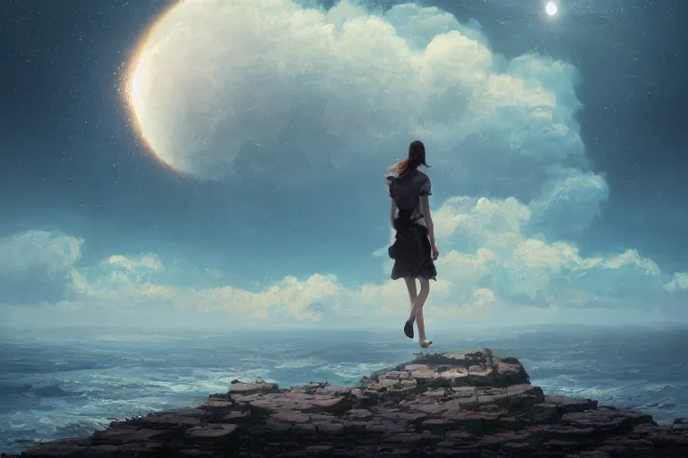 Image similar to giant white daisy flower over head, girl walking on cliff, surreal photography, solar eclipse, milky way, dramatic light, impressionist painting, clouds, digital painting, artstation, james gilleard, liam wong, jeremy mann, simon stalenhag