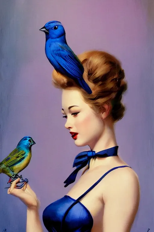 Image similar to hyper realistic painting, tasteful pinup girl holding an indigo bunting, bird, the bird is wearing a bowtie, by greg rutkowski, rossdraws, gil elvgren, enoch bolles, anime, porcelain skin, glistening, very coherent,