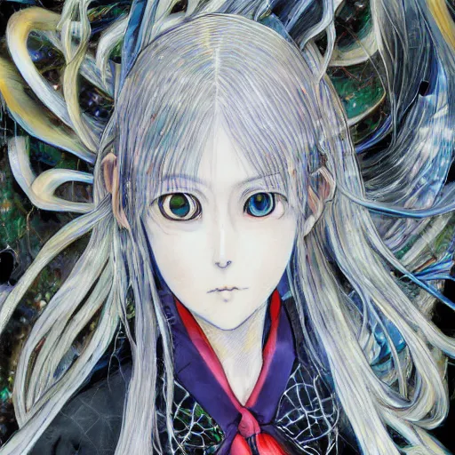 Prompt: yoshitaka amano realistic illustration of an anime girl with black eyes and long wavy white hair wearing dress suit with tie and surrounded by abstract junji ito style patterns in the background, blurry and dreamy illustration, noisy film grain effect, highly detailed, oil painting with expressive brush strokes, weird portrait angle, 9 0 s anime color palette