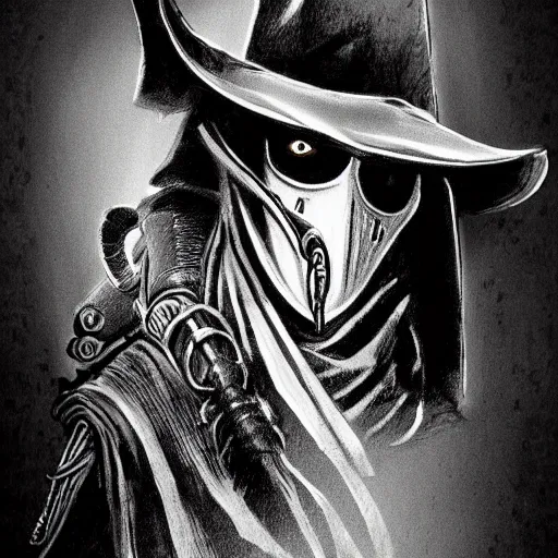 Prompt: a portrait of a plague doctor gunslinger, dark fantasy, horror, western, hell, ultrafine detailed digital pencil art by frank frazetta and vito acconci and and takeshi obata and mike mignola, death note style, colored, symetric body, cgsociety, sharp focus, detailed face