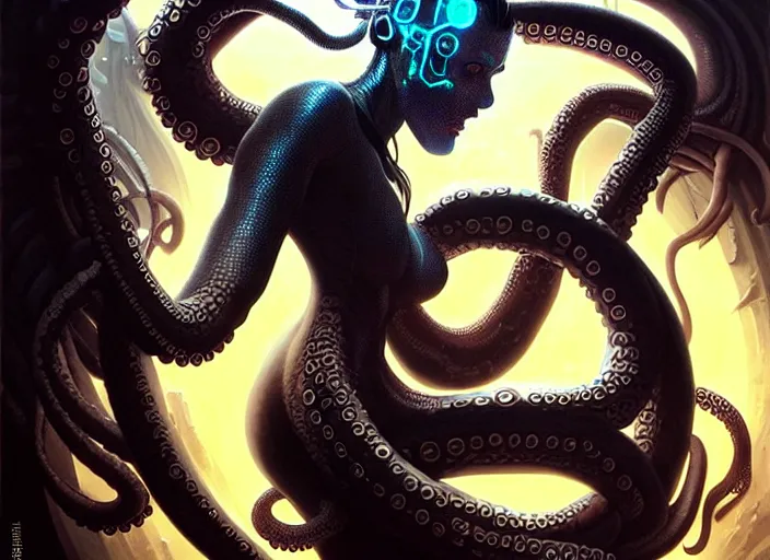 Image similar to jet black haired cyberpunk girl, octopus, dramatic lighting, ultra realistic, intricate details, the fifth element artifacts, highly detailed by peter mohrbacher, allen williams, hajime sorayama, wayne barlowe, boris vallejo, aaron horkey, gaston bussiere,