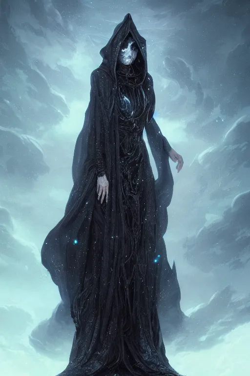 Prompt: a full body portrait of a mysterious goddess with a very long hooded cloak made of stars and clouds, by maciej kuciara and jason chan, ominous, cosmic horror, trending on artstation, ultra detailed, hyper realistic 4 k, volumetric light