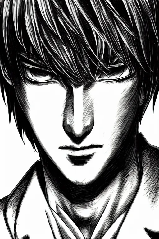 Image similar to light yagami, god of the new world, highly detailed, digital art, sharp focus, trending on art station, death note