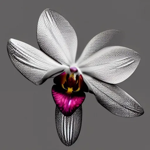 Prompt: metal orchid flower, futuristic reflective, shiny, high detail