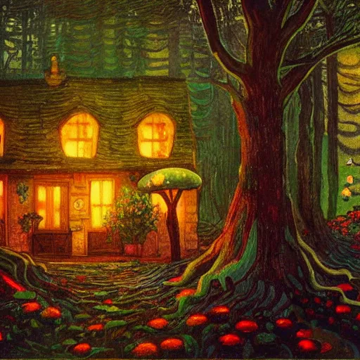 Image similar to mysterious detailed painting of a cozy english cottage in the woods at night, surrounded by giant glowing mushrooms, in the style of studio ghibli and moebius and claude monet and edward hopper and vincent van gogh